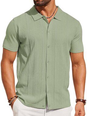 Men's Light Green Knit Short Sleeve Button Down Polo premium lightweight Shirt M